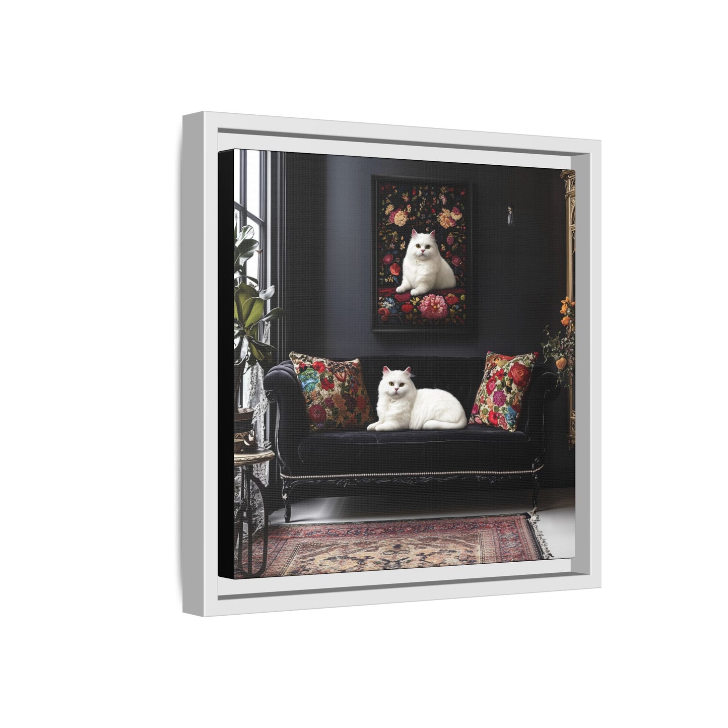 White Persian "House Cat" Portrait Matte Canvas Framed | Floral Still Life Wall Art