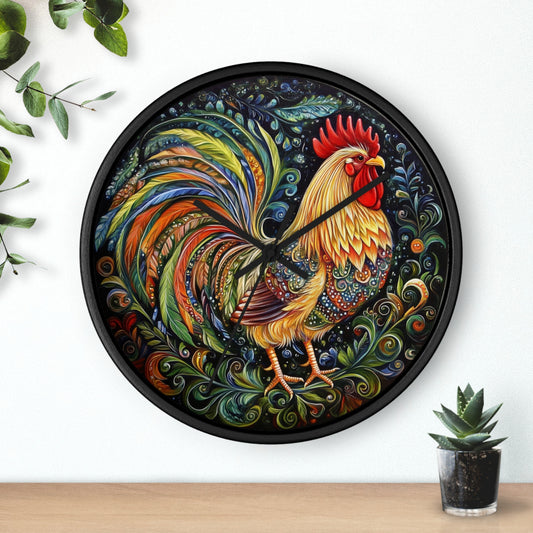 Colorful Rooster Wall Clock - Bohemian Home Decor, Farmhouse Clock, Unique Gift, Kitchen Accessory, Vibrant Art Timepiece