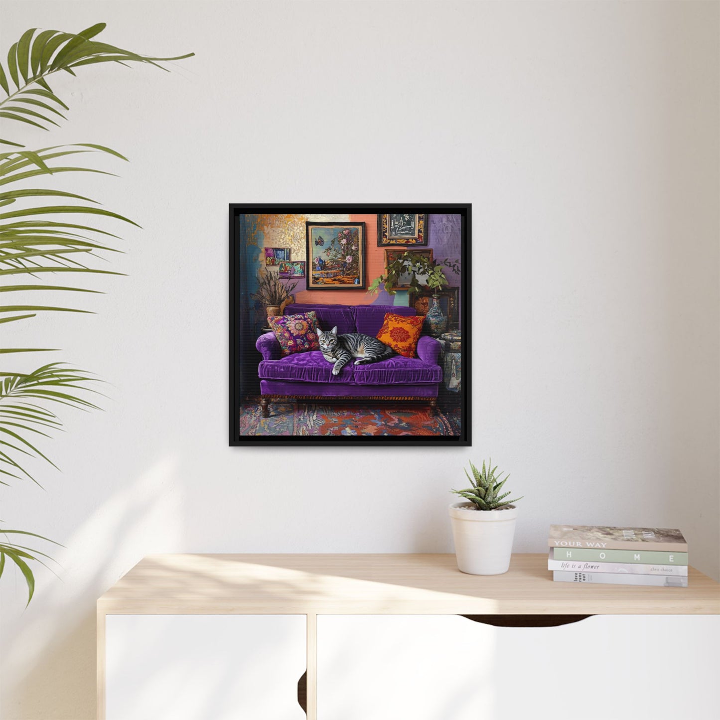 Tabby "House Cat" on Purple Velvet Sofa Matte Canvas Framed | Wall Art