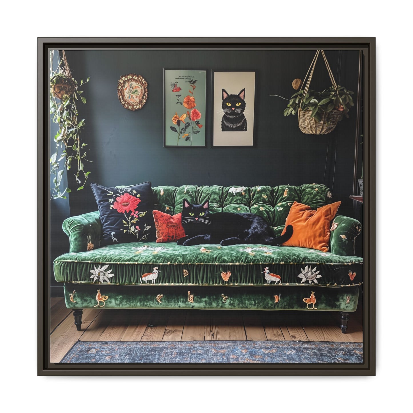 Black "House Cat" Living Room Art Matte Canvas Framed, Green Sofa Boho