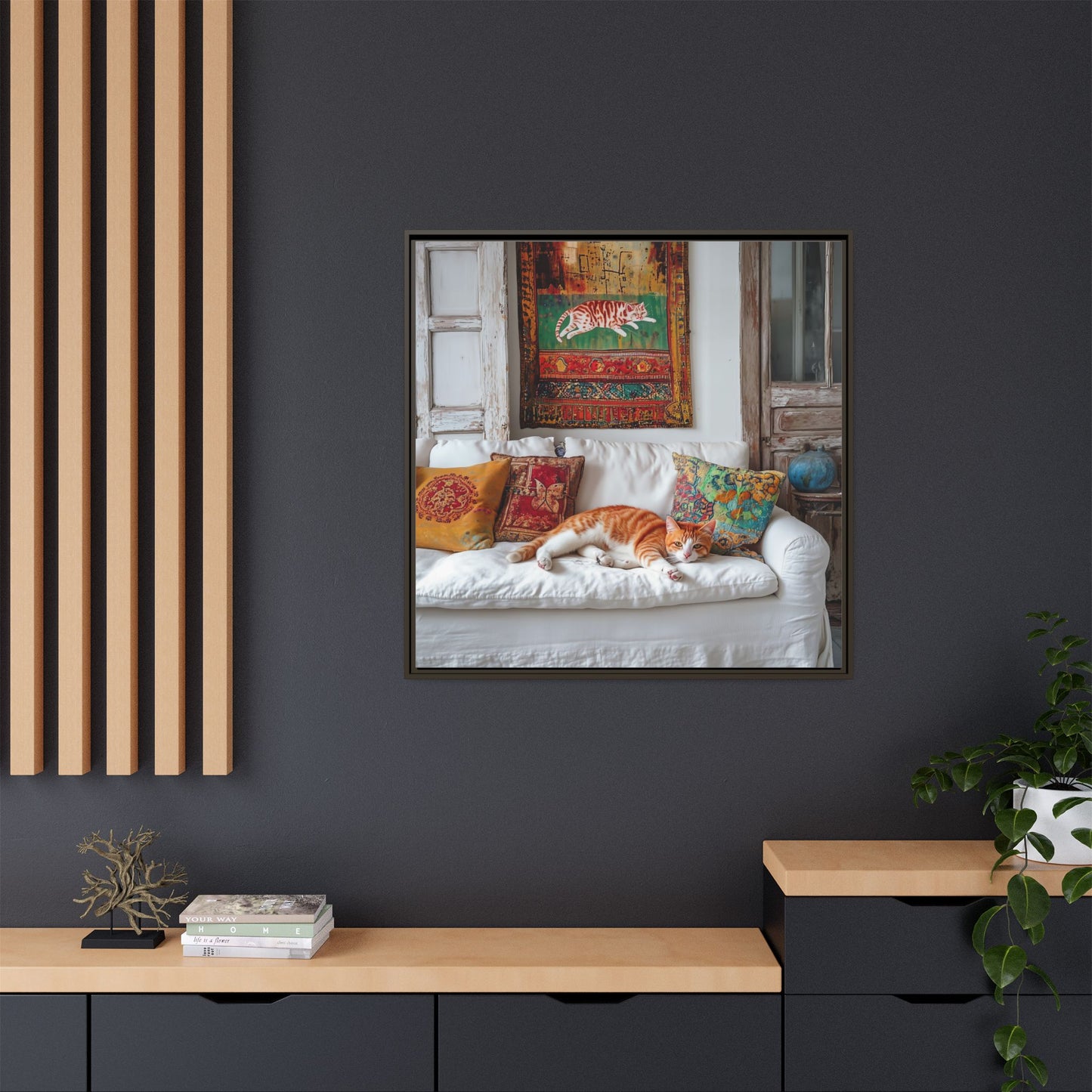 Orange Tabby "House Cat" Sleeping Ginger Cat Sofa Photo Framed Canvas