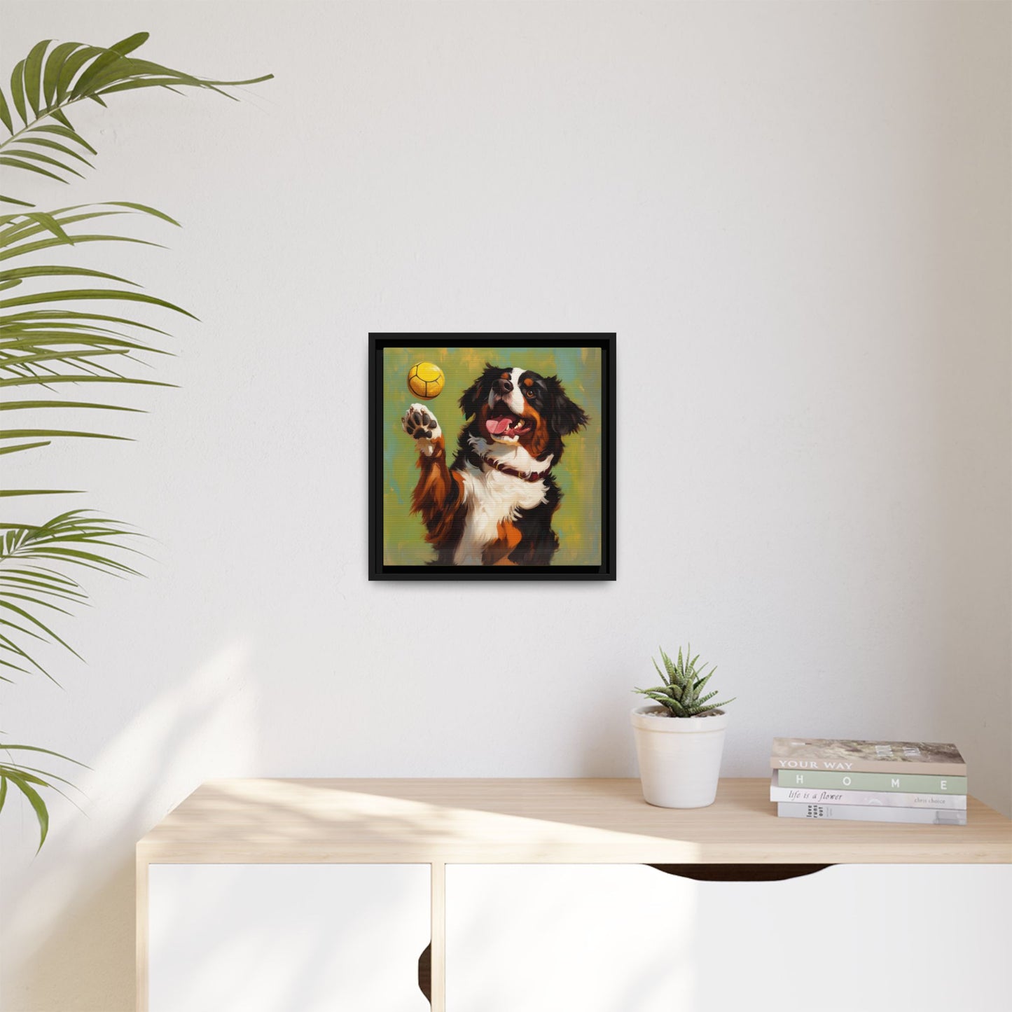Bernese Mountain Dog Playing Picklball Canvas Wall Art, Matte Canvas Framed