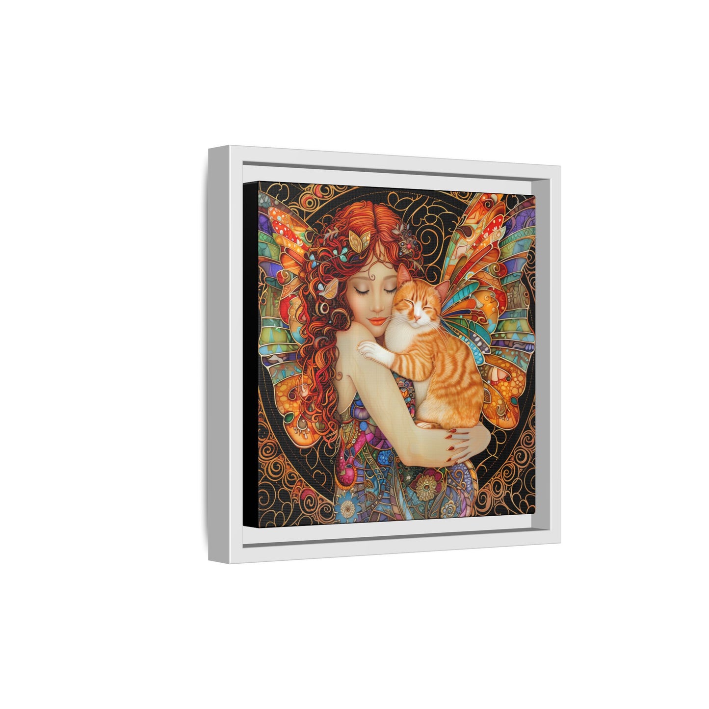 Framed "Tabby"  Fantasy Canvas Art Print - Whimsical Wall Decor, Fairy and Cat Illustration, Magical Gift for Cat Lovers