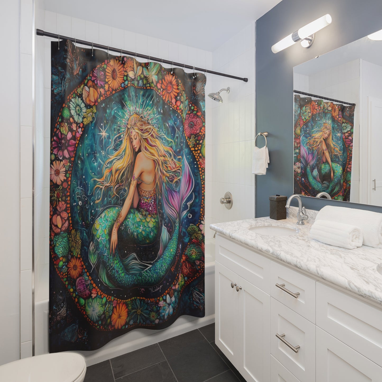 Mermaid Floral Shower Curtain, Boho Bathroom Decor, Ocean Theme Gift, Mermaid Print Curtain, Nature Inspired Home Decor