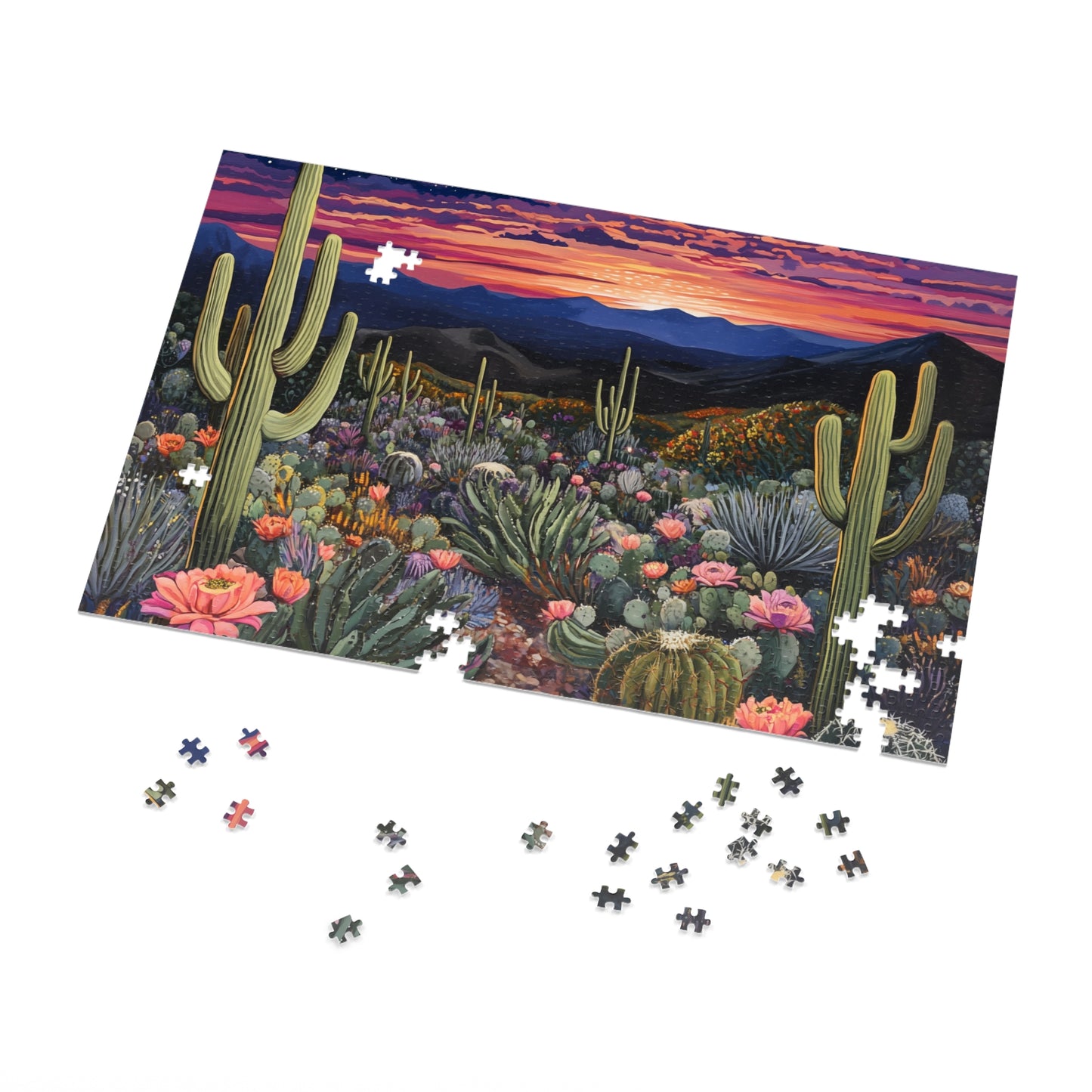 Desert Cactus Sunset Jigsaw Puzzle with Tin | Desert Landscape Puzzle