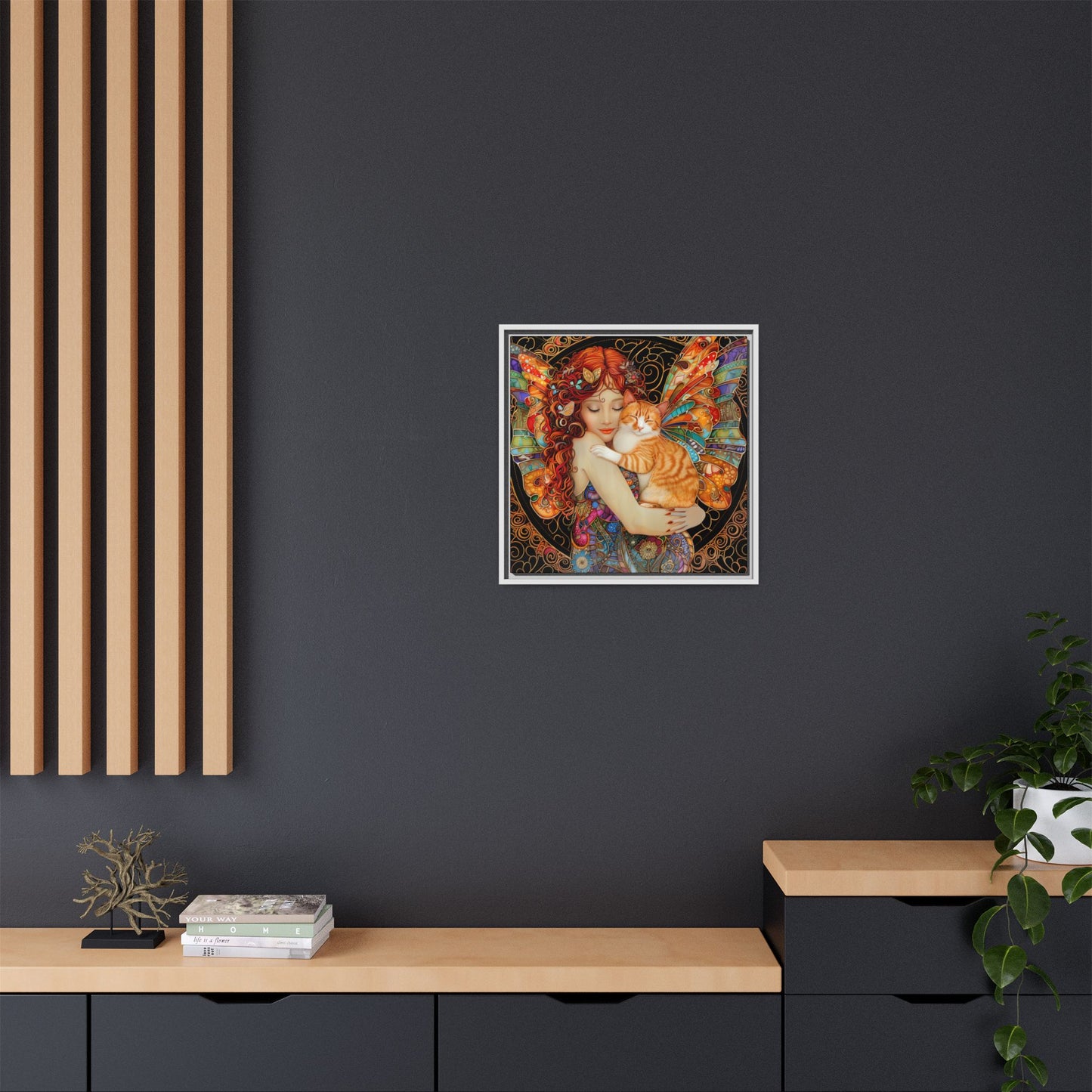 Framed "Tabby"  Fantasy Canvas Art Print - Whimsical Wall Decor, Fairy and Cat Illustration, Magical Gift for Cat Lovers