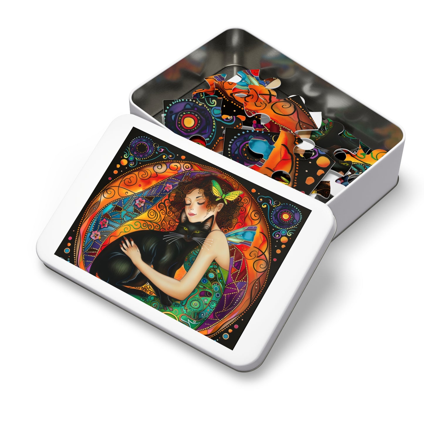 Fairy Embracing Black Cat Jigsaw Puzzle with Tin | Colorful Boho Art