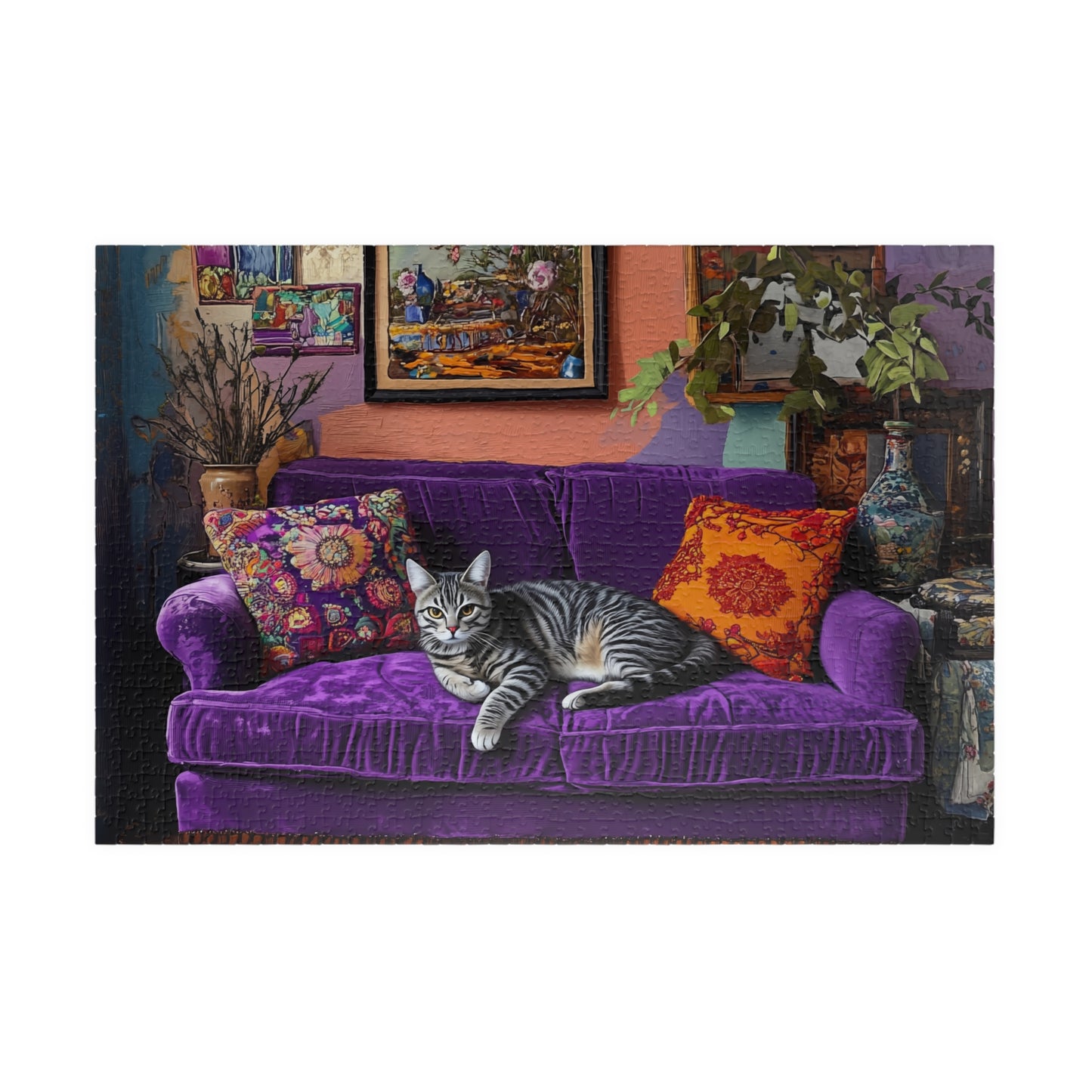 Tabby "House Cat" on Purple Couch Puzzle | 252-1014 Piece Jigsaw