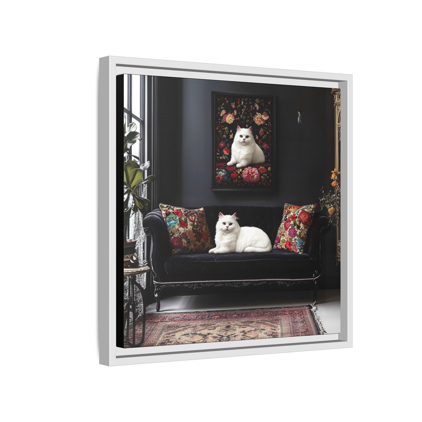 White Persian "House Cat" Portrait Matte Canvas Framed | Floral Still Life Wall Art