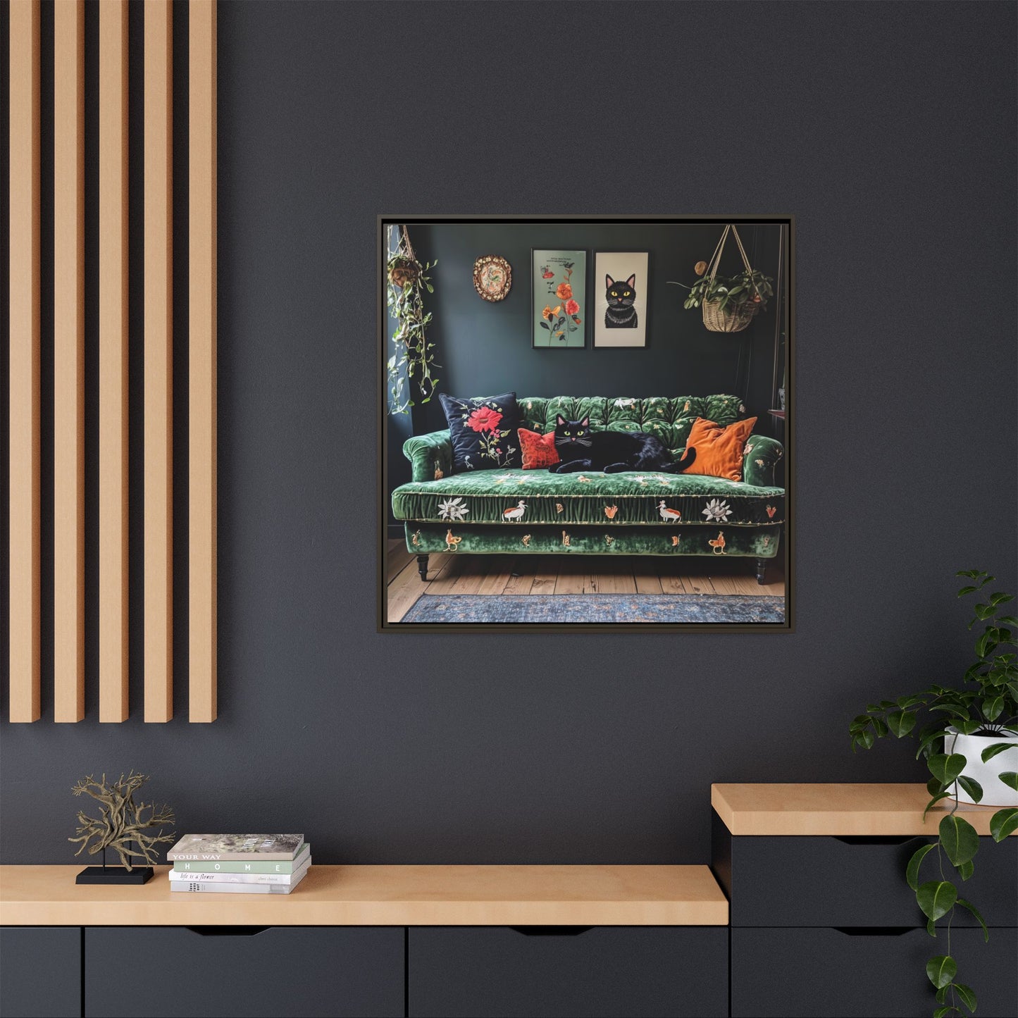 Black "House Cat" Living Room Art Matte Canvas Framed, Green Sofa Boho