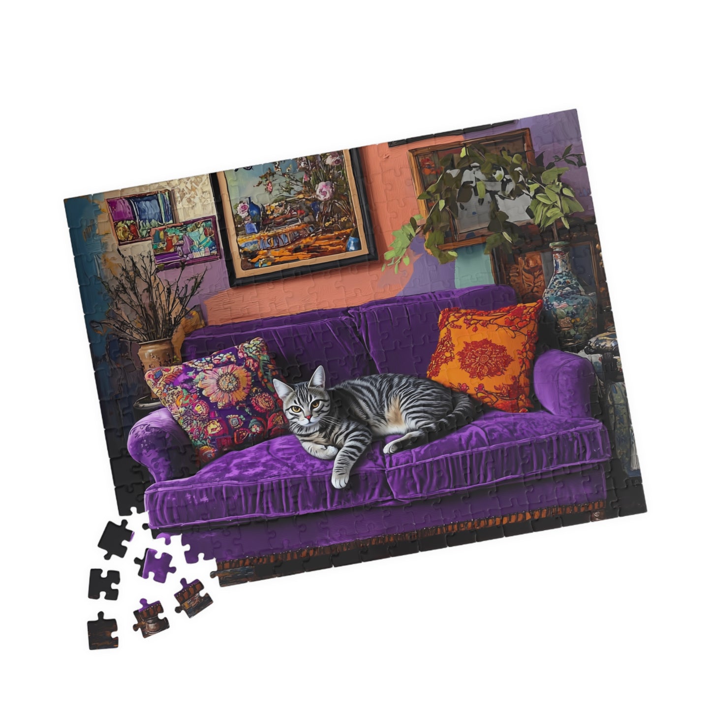 Tabby "House Cat" on Purple Couch Puzzle | 252-1014 Piece Jigsaw