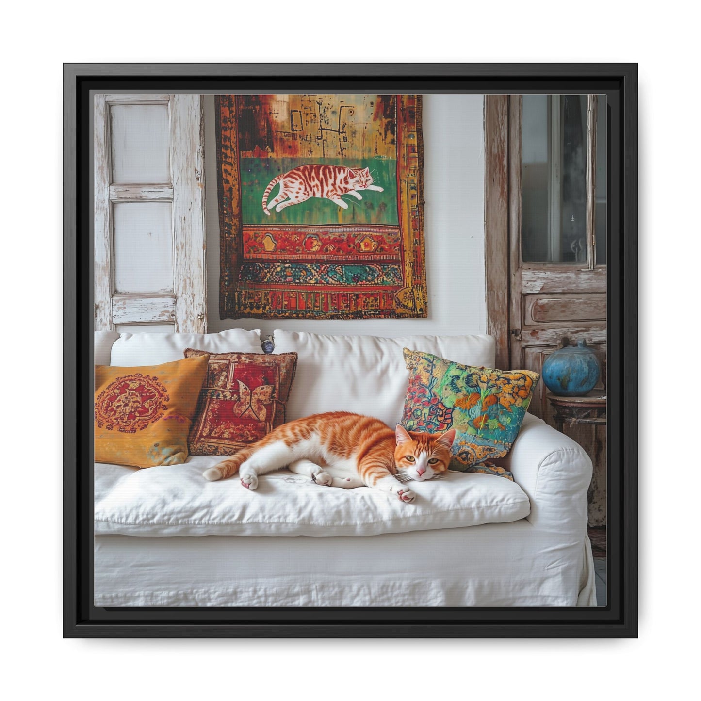 Orange Tabby "House Cat" Sleeping Ginger Cat Sofa Photo Framed Canvas