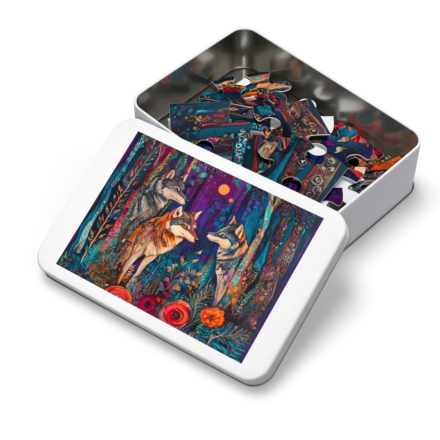 Colorful Forest Wolves Jigsaw Puzzle with Tin | 500pc Wildlife Puzzle