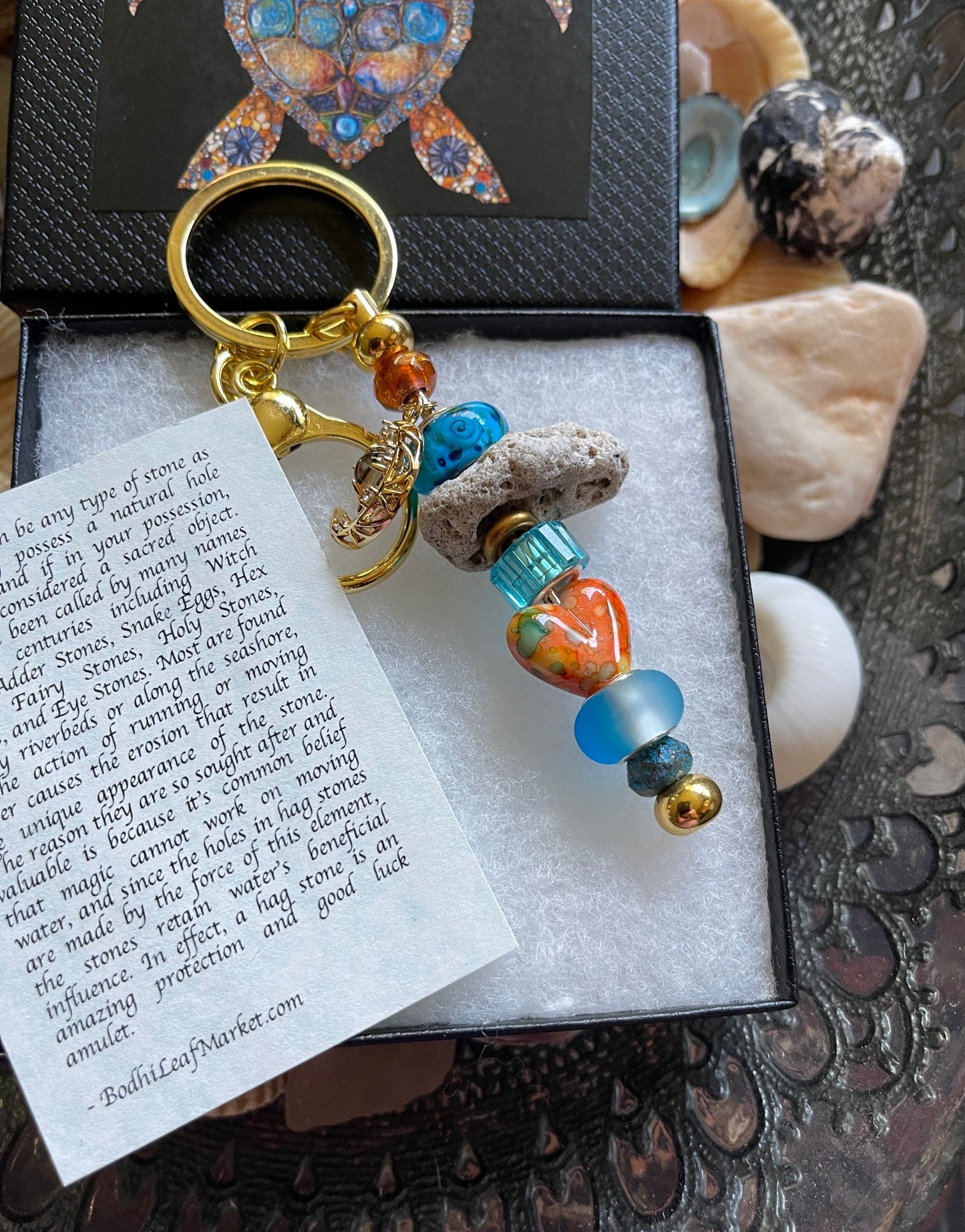 Czech Glass Bead and Stone Keychain with Turtle Gift Box