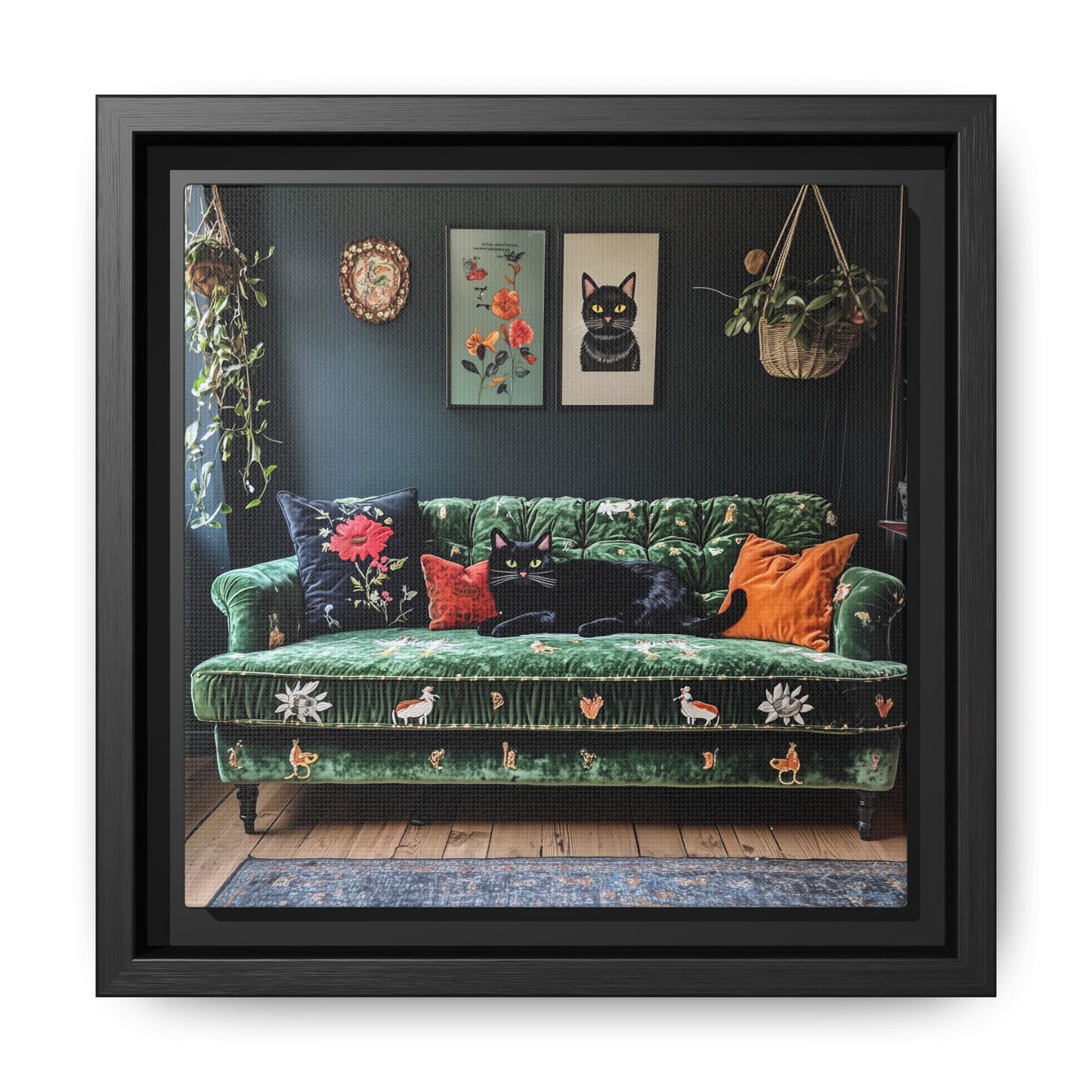Black "House Cat" Living Room Art Matte Canvas Framed, Green Sofa Boho