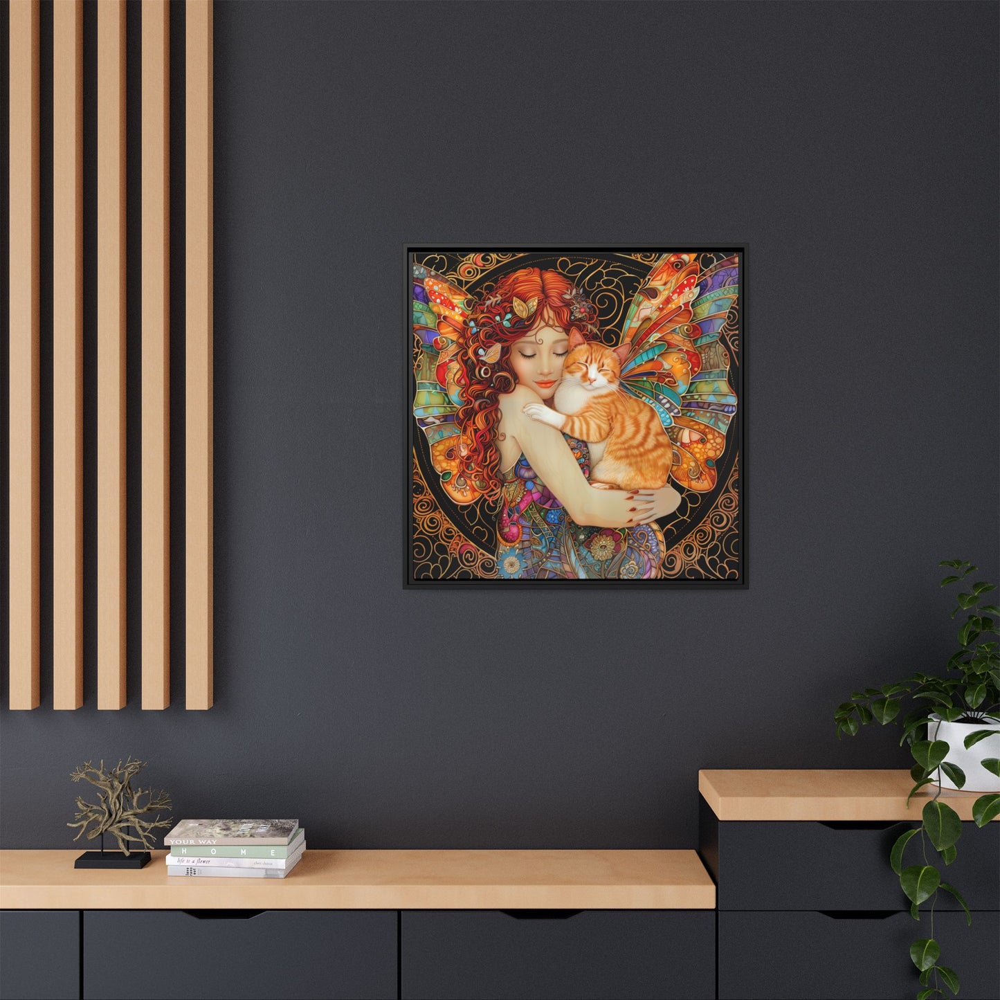 Framed "Tabby"  Fantasy Canvas Art Print - Whimsical Wall Decor, Fairy and Cat Illustration, Magical Gift for Cat Lovers