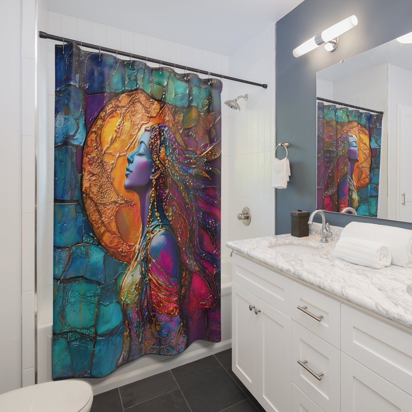 Goddess "Spirited" Shower Curtain, Bohemian Bath Decor, Colorful Shower Curtains for Relaxing Spaces, Ethereal Bathroom