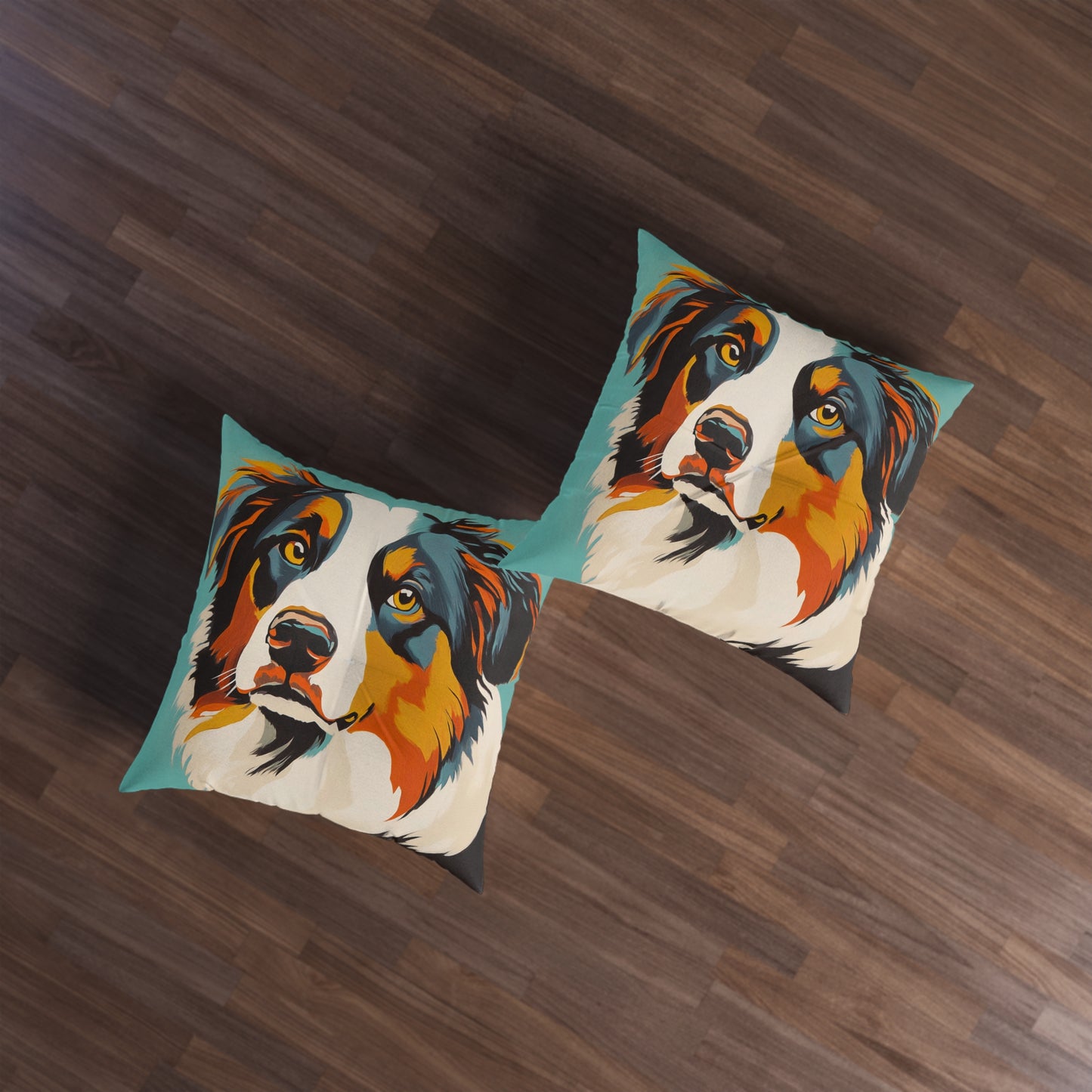 Mid Century Modern Pillow Colorful Australian Shepherd Face Tufted Floor Pillow | Square