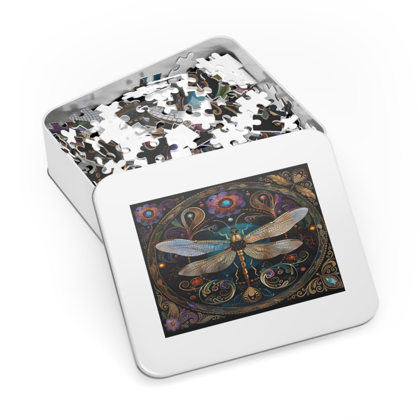 Ornate Dragonfly Mandala Jigsaw Puzzle with Tin | Vintage Floral Puzzle