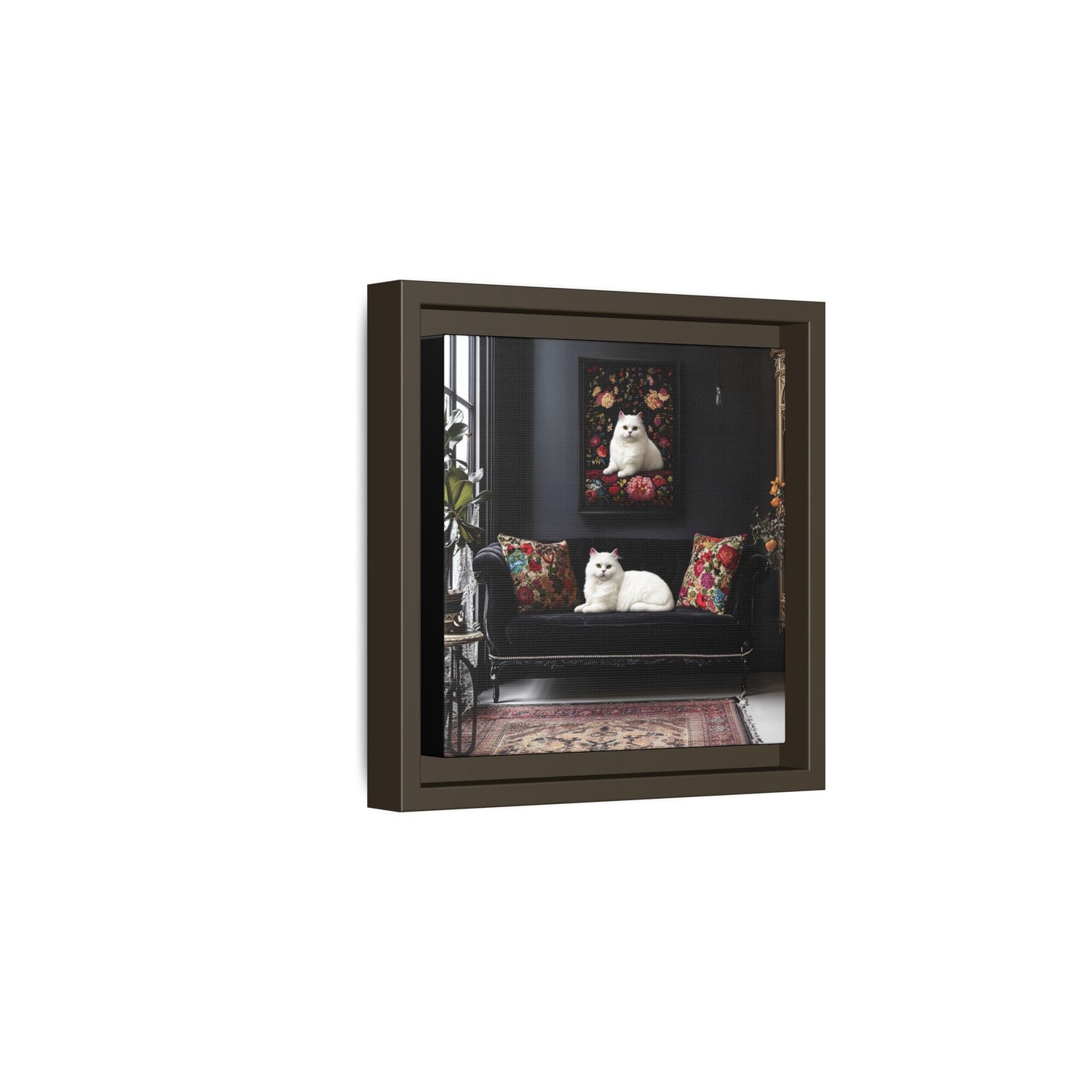 White Persian "House Cat" Portrait Matte Canvas Framed | Floral Still Life Wall Art