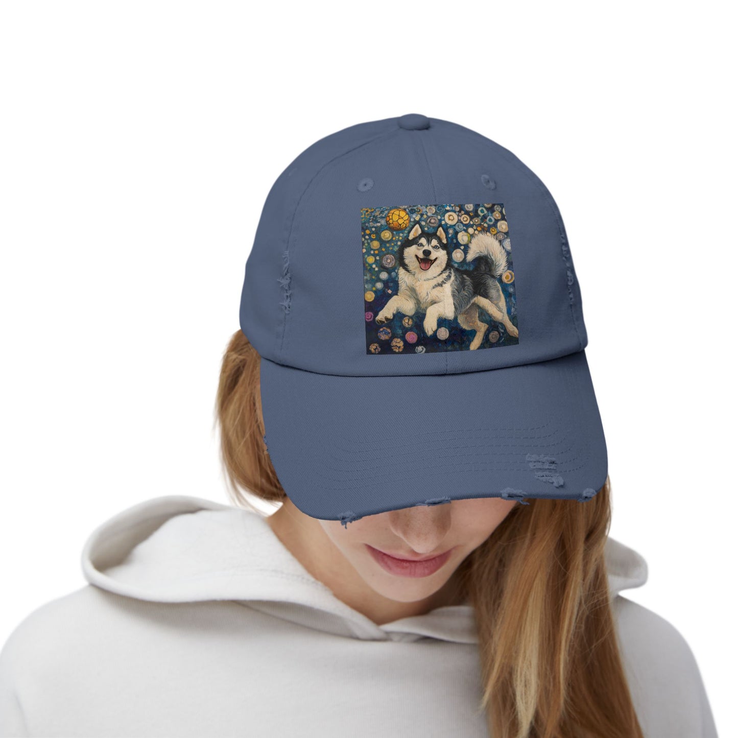 Husky Dog Cap, Distressed Adjustable Hat, Pet Lover Gift, Cute Casual Fashion, Unique Animal Apparel