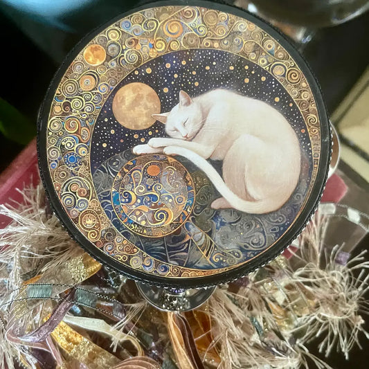 Mystical Moon Cat Tambourine and Ribbon Wall Accent