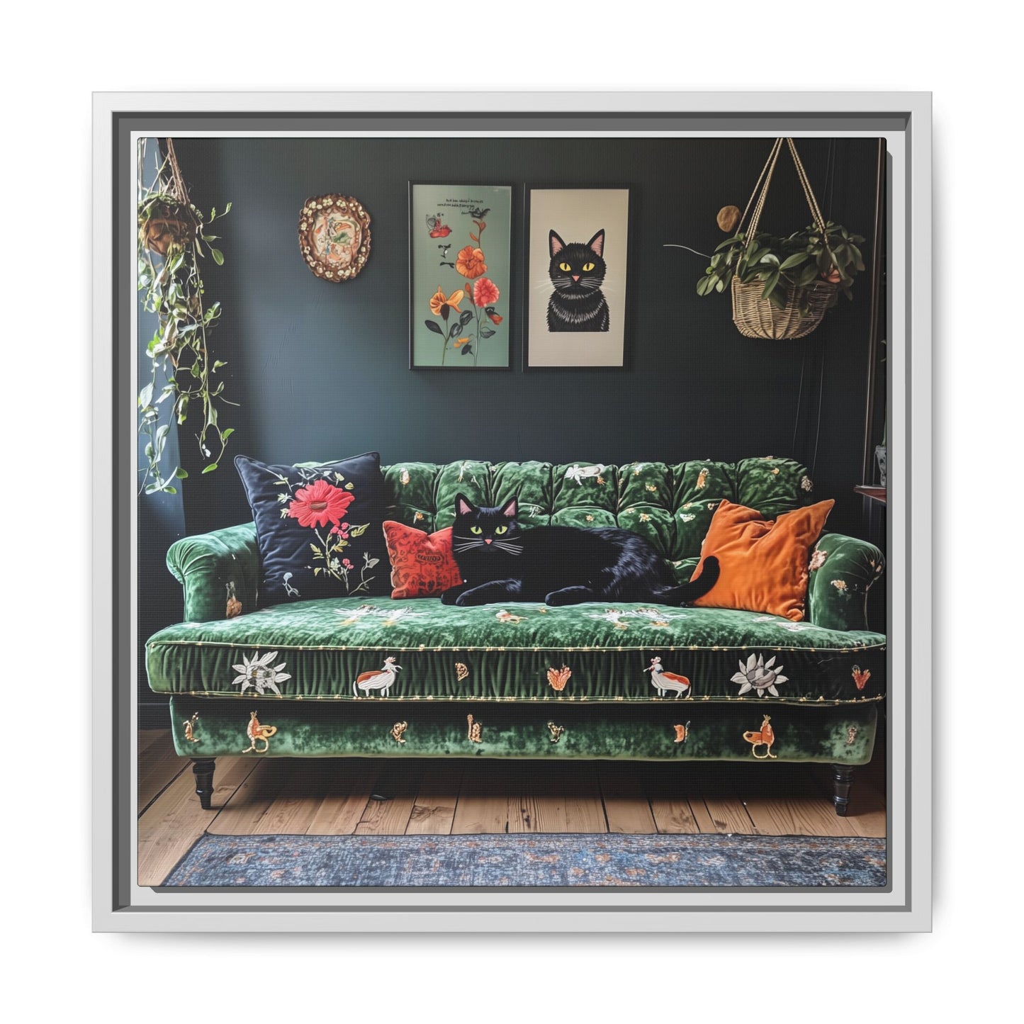 Black "House Cat" Living Room Art Matte Canvas Framed, Green Sofa Boho