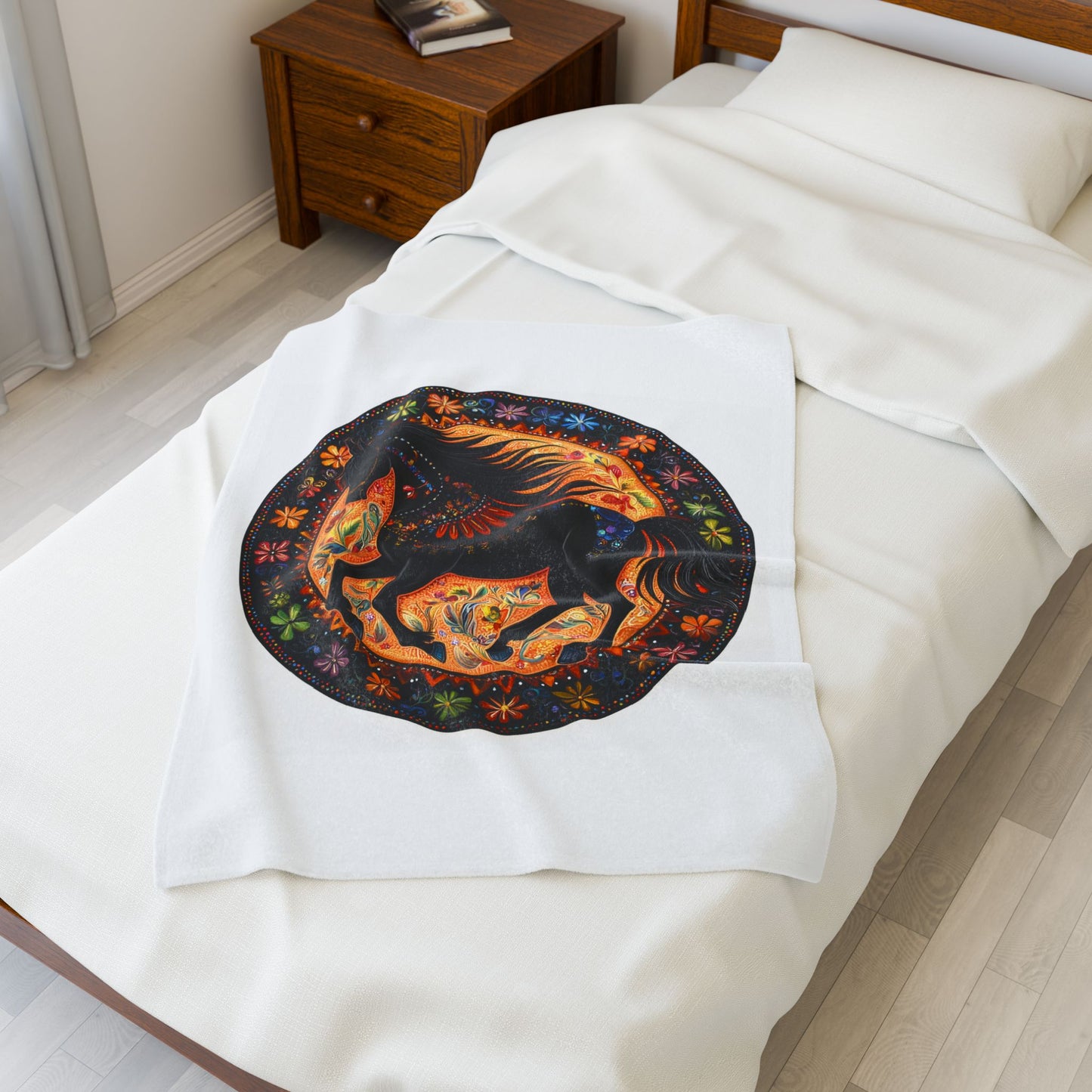 Bohemian Black Horse Velveteen Plush Blanket, Cozy Throw, Vibrant Decor, Equine Lover Gift, Soft Home Accents, Unique Wall Art