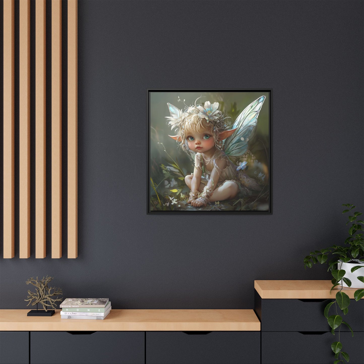 Baby Fairy Art Print, Framed Canvas, Whimsical Home Decor, Fairy Tale Gift, Magical Nursery Wall Art