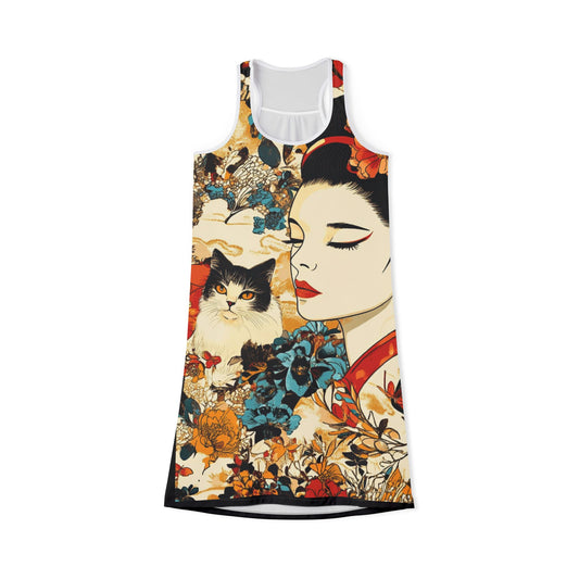Geisha Cat Elegant Floral Racerback Dress, Bohemian Style, Summer Dress, Casual Outfit, Vintage Aesthetic, Everyday Wear