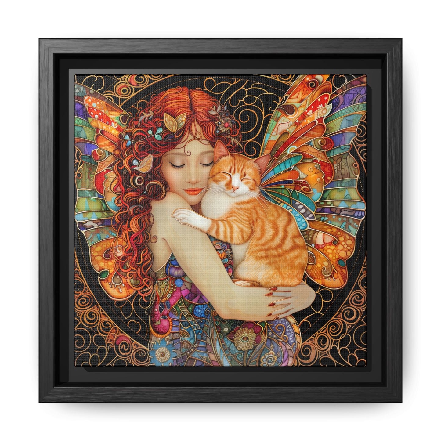 Framed "Tabby"  Fantasy Canvas Art Print - Whimsical Wall Decor, Fairy and Cat Illustration, Magical Gift for Cat Lovers