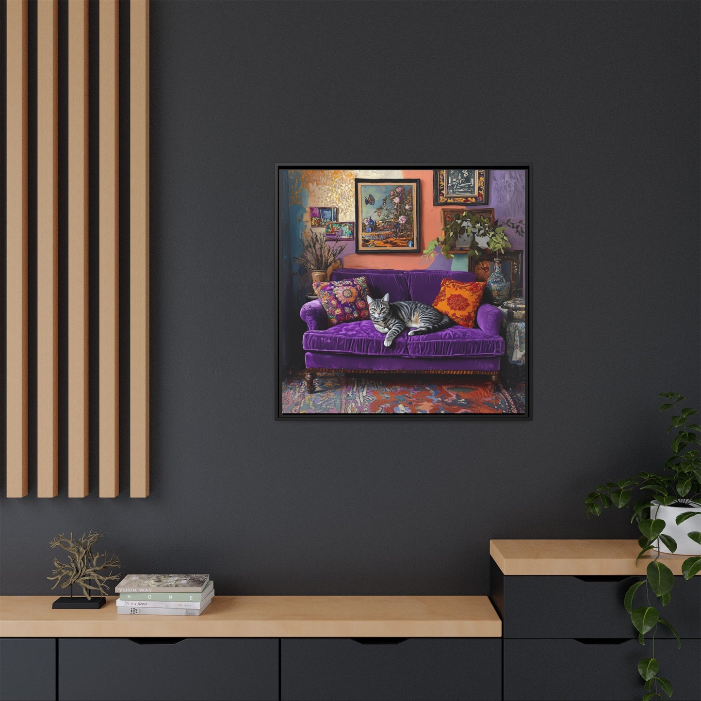 Tabby "House Cat" on Purple Velvet Sofa Matte Canvas Framed | Wall Art