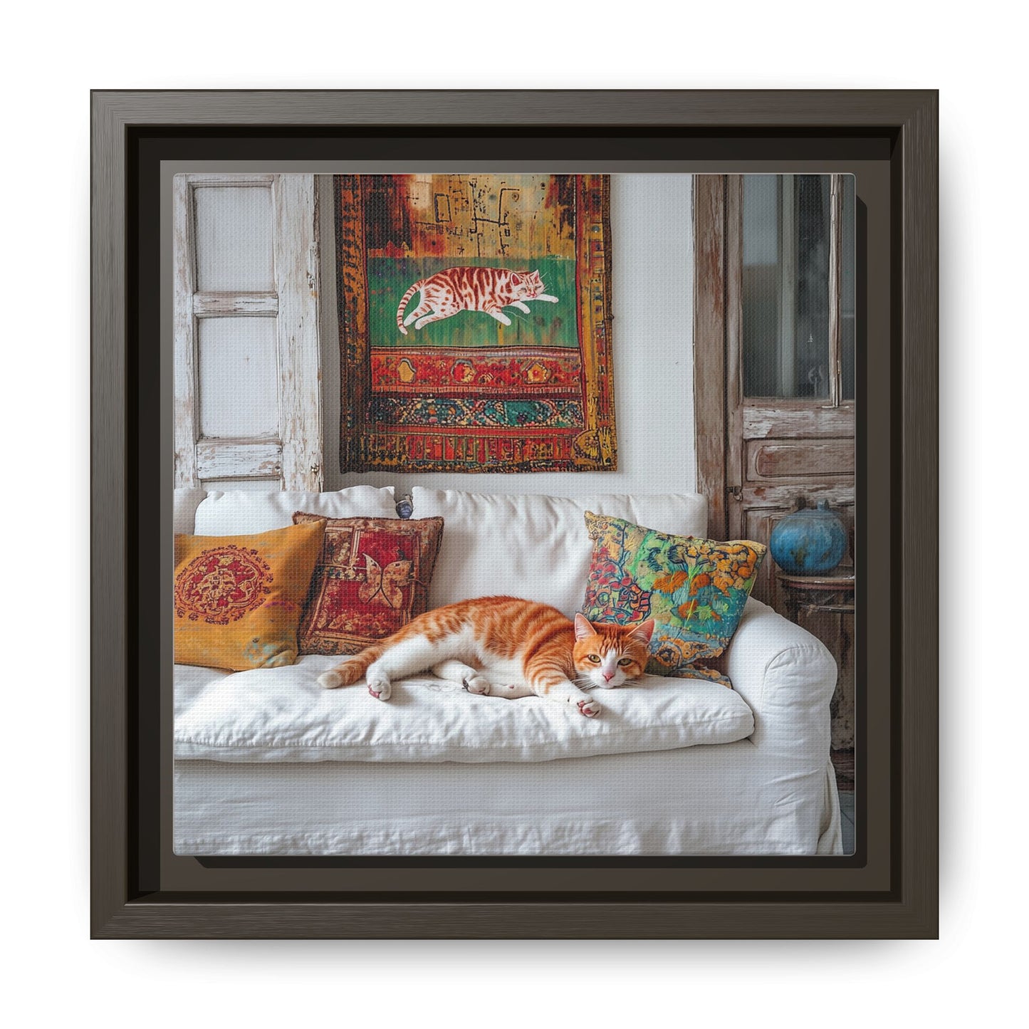 Orange Tabby "House Cat" Sleeping Ginger Cat Sofa Photo Framed Canvas