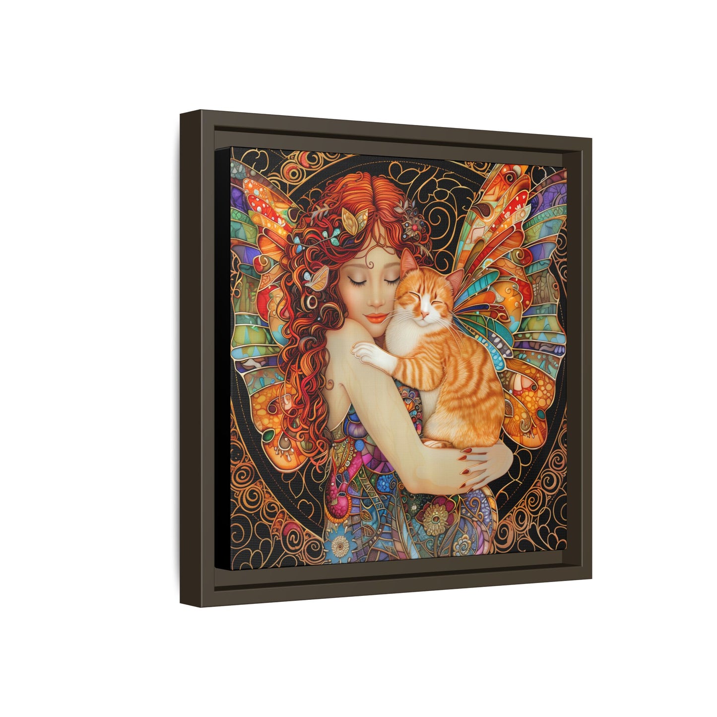 Framed "Tabby"  Fantasy Canvas Art Print - Whimsical Wall Decor, Fairy and Cat Illustration, Magical Gift for Cat Lovers