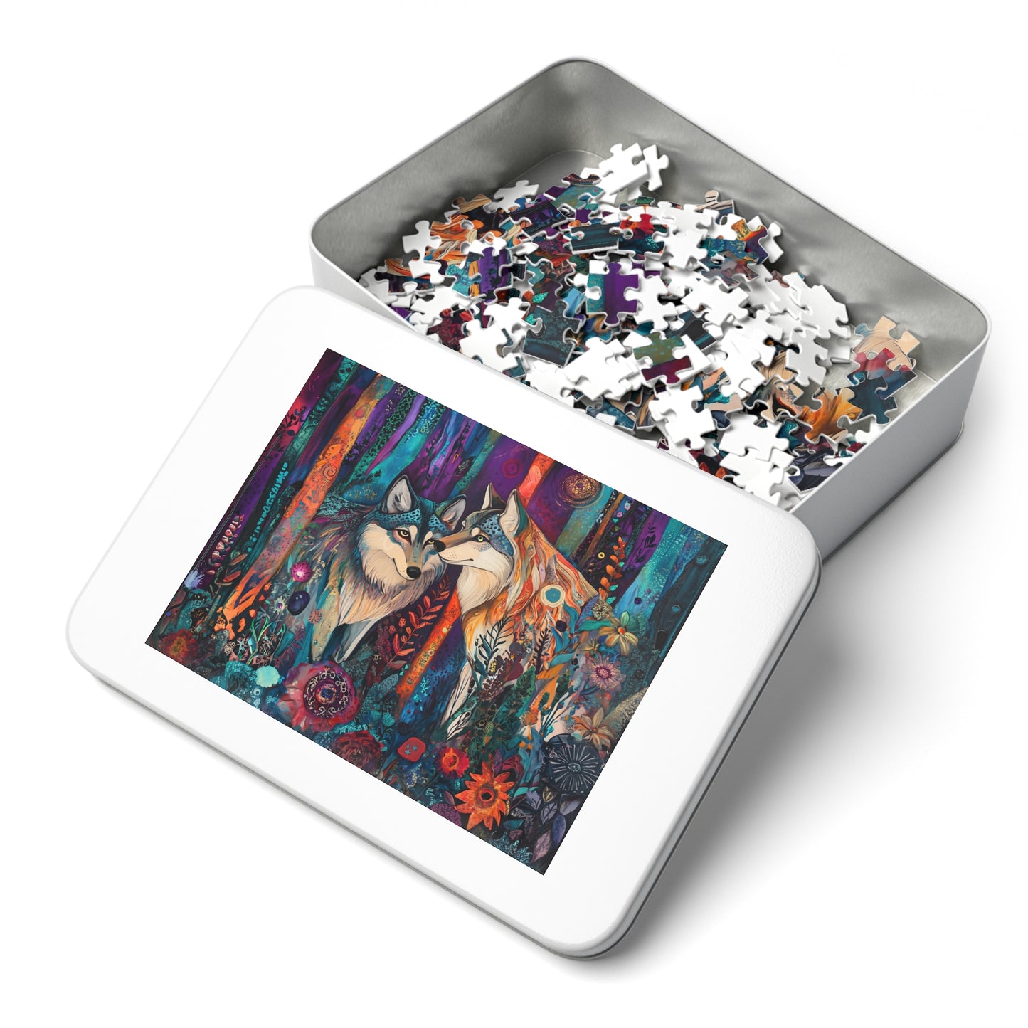 Mystic Wolves jigsaw puzzle with tin | colorful forest wolf art
