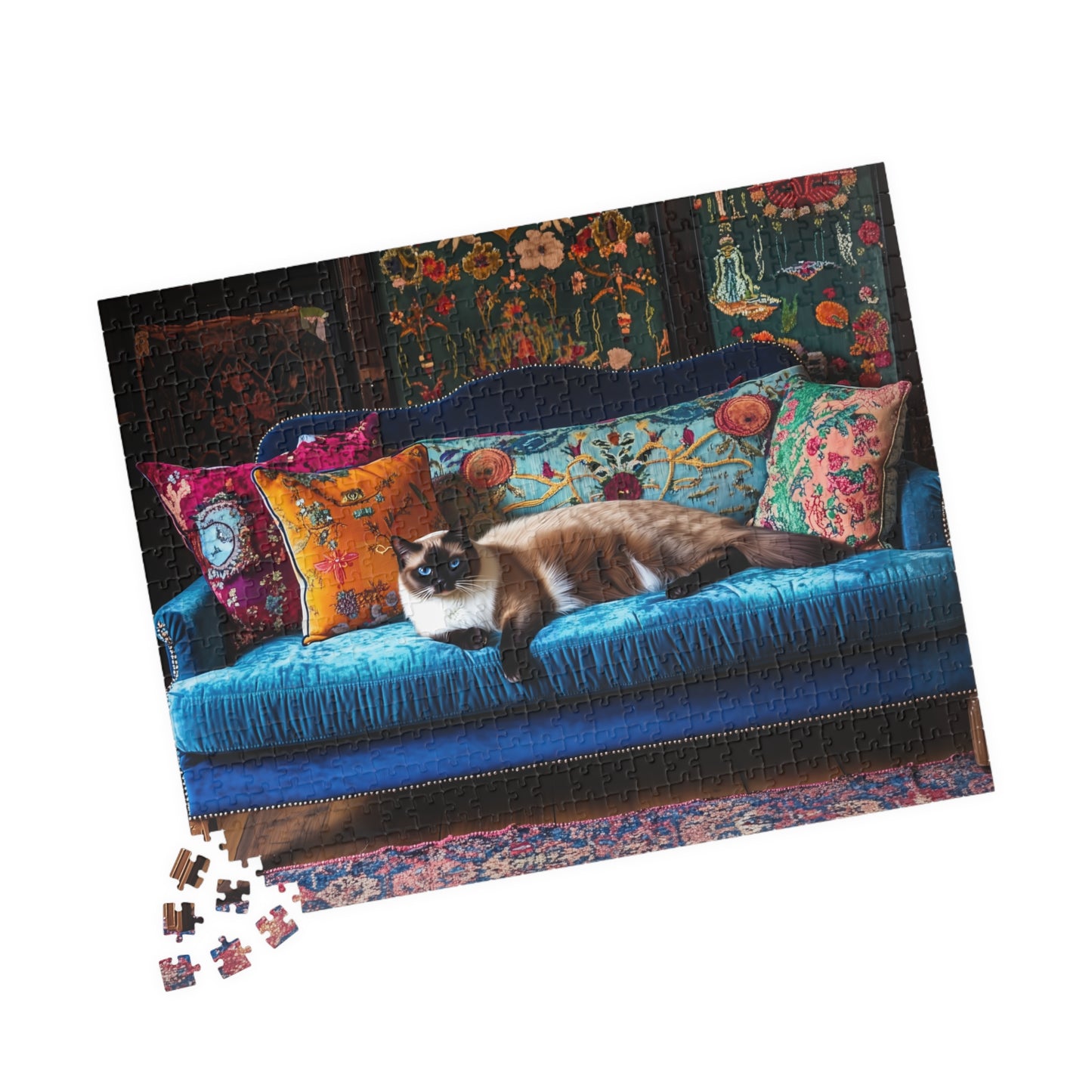 Siamese "House Cat" on Blue Velvet Sofa Puzzle | 252/520/1014-piece Jigsaw