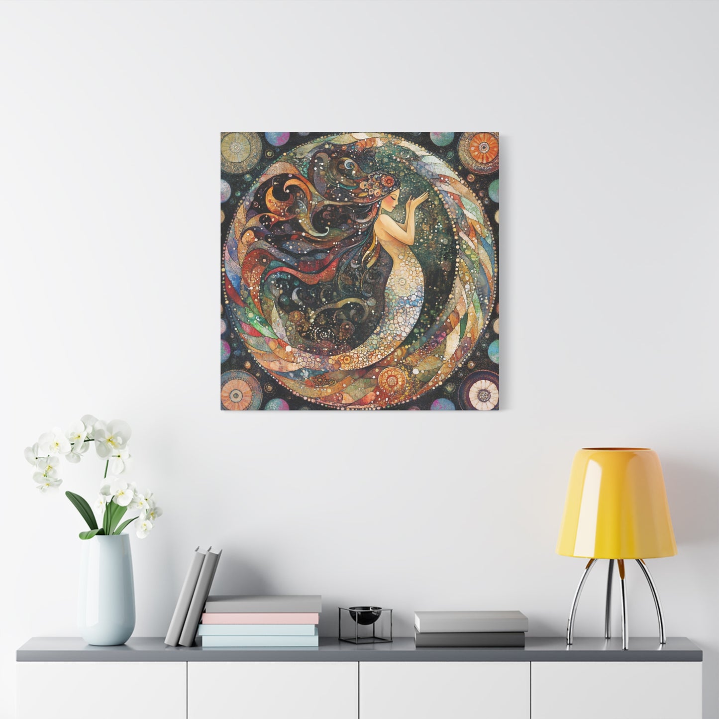 Autumnl Mermaid Canvas Art, Stretched Wall Decor, Bohemian Home Accent, Unique Gift for Sea Lovers, Nautical Art Piece, Coastal Room Decor