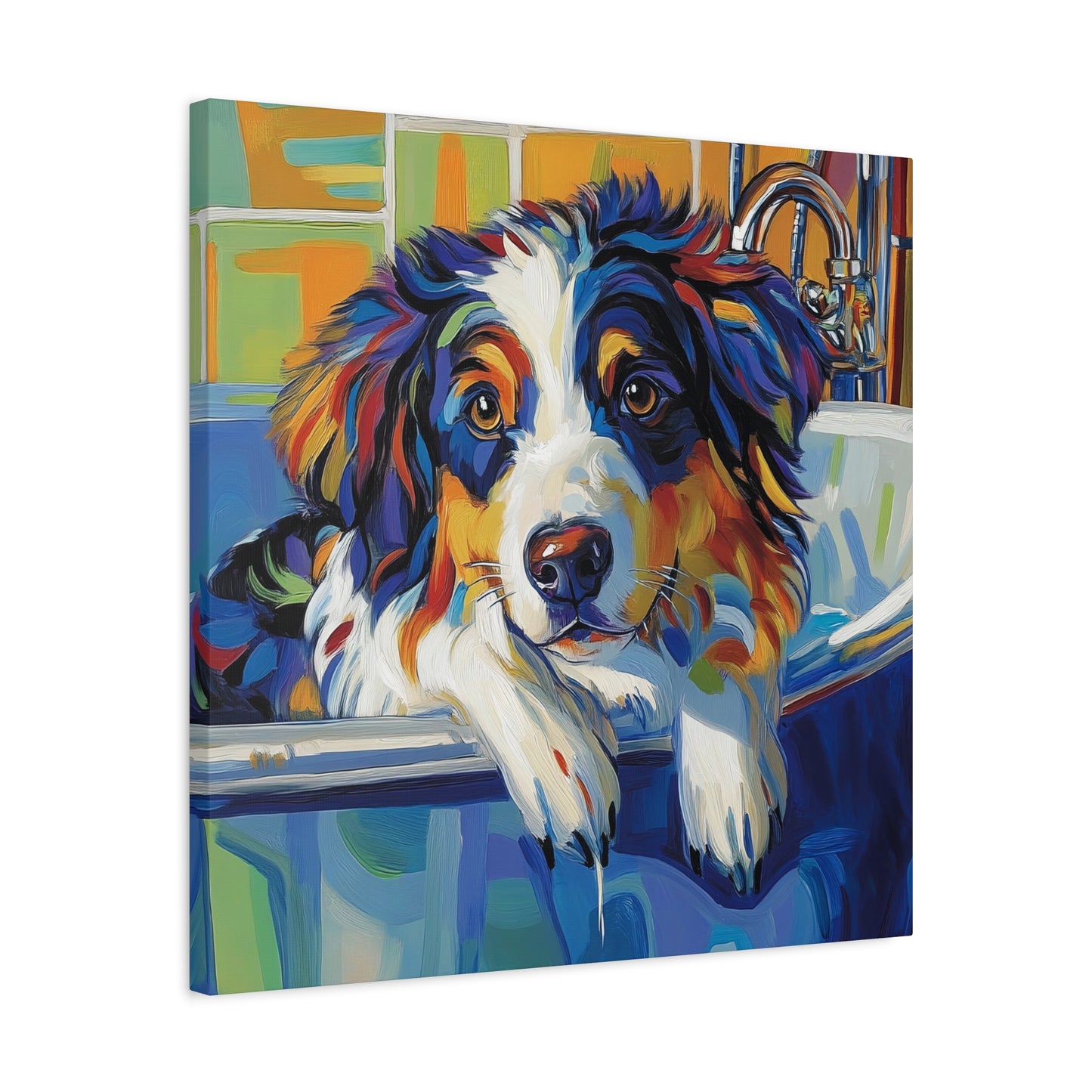 Aussie Bathtub Canvas, Australian Shepherd Art, Aussie Canvas, Tri Color Australian Shepherd Art, Dog Bathtub Prints