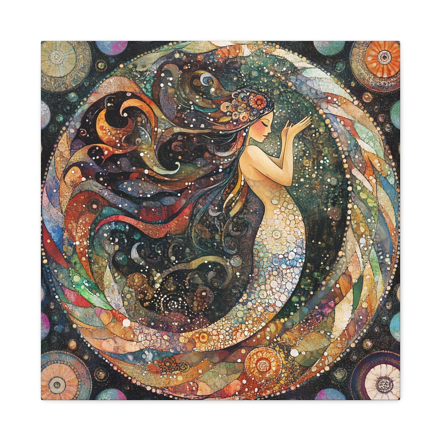 Autumnl Mermaid Canvas Art, Stretched Wall Decor, Bohemian Home Accent, Unique Gift for Sea Lovers, Nautical Art Piece, Coastal Room Decor
