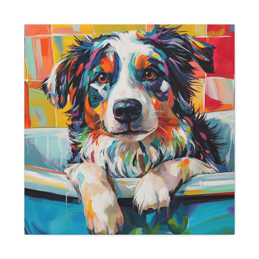 Bathtub Aussie Canvas Print, Colorful Pet Wall Art, Dog Lover Decor, Home Gallery Piece, Gift for Animal Lovers