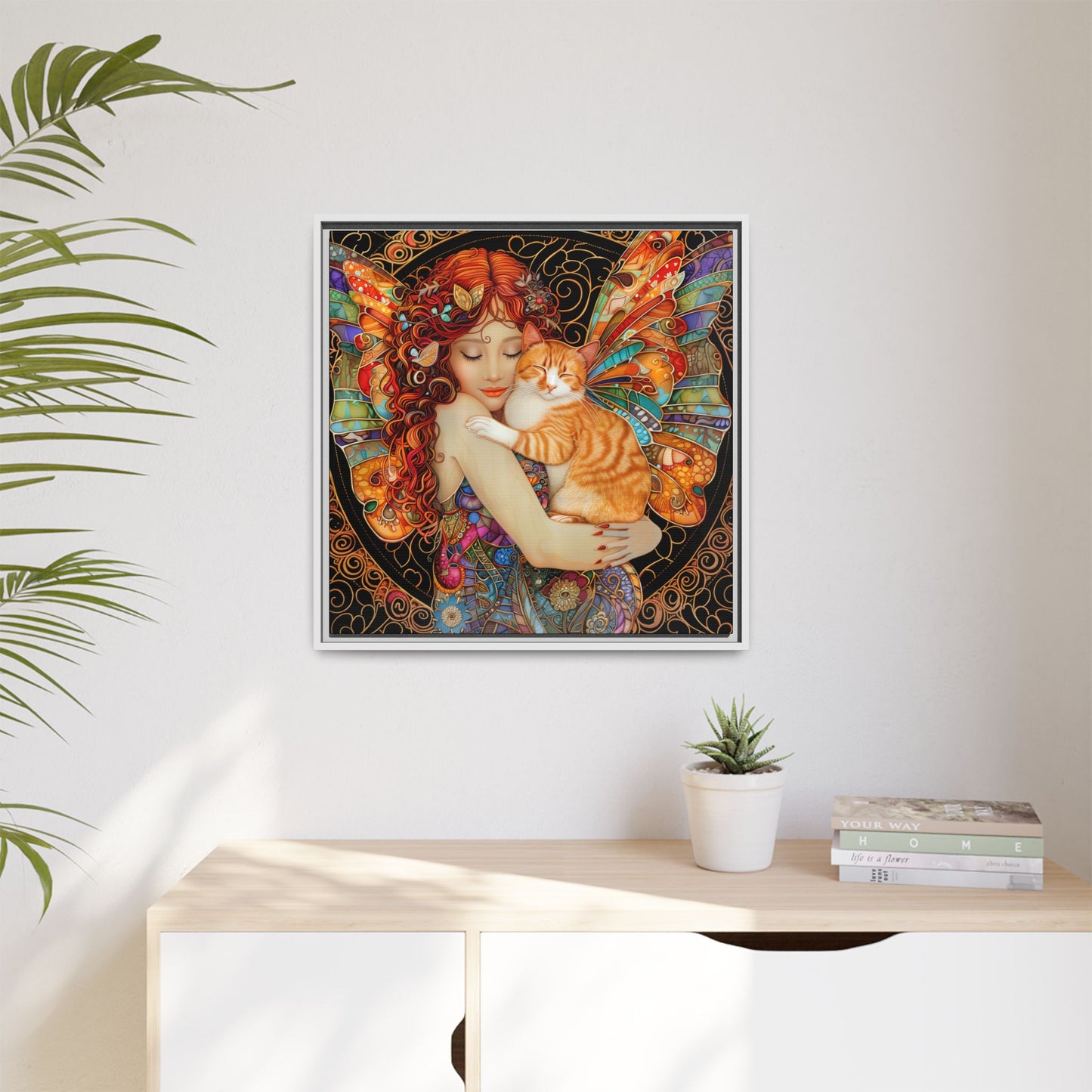 Framed "Tabby"  Fantasy Canvas Art Print - Whimsical Wall Decor, Fairy and Cat Illustration, Magical Gift for Cat Lovers