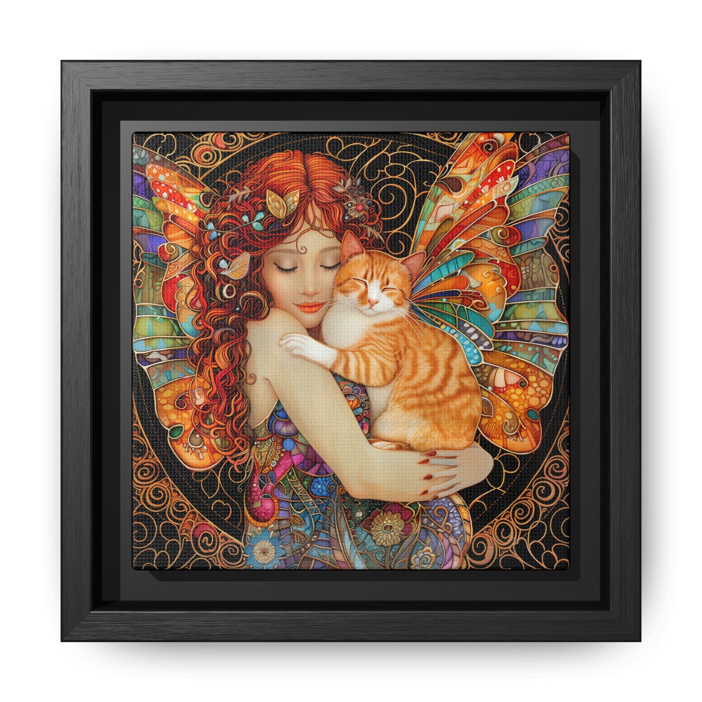 Framed "Tabby"  Fantasy Canvas Art Print - Whimsical Wall Decor, Fairy and Cat Illustration, Magical Gift for Cat Lovers