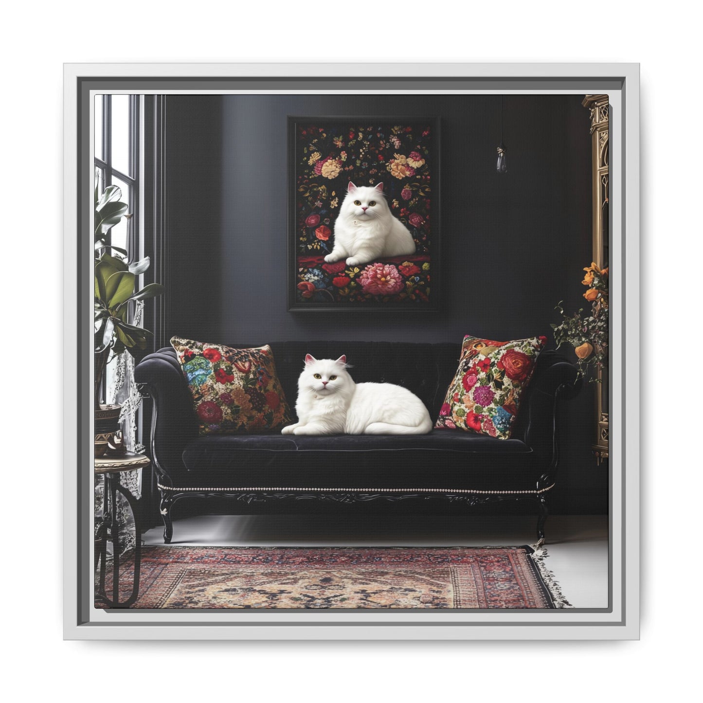 White Persian "House Cat" Portrait Matte Canvas Framed | Floral Still Life Wall Art