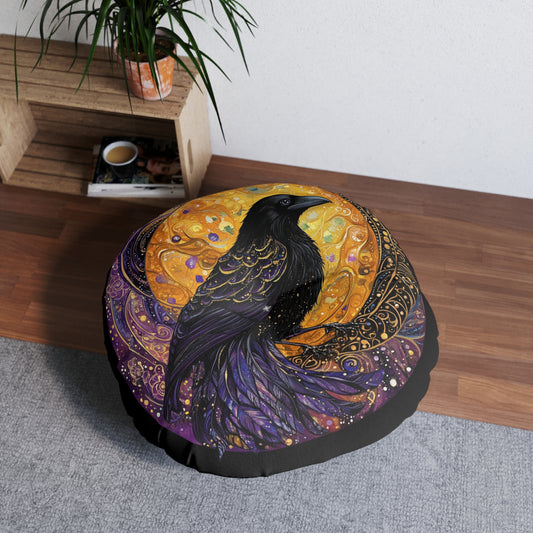 Mystical Raven Tufted Floor Pillow, Decorative Cushion, Cozy Boho Décor, Living Room Accessory, Unique Gift Idea, Home & Décor