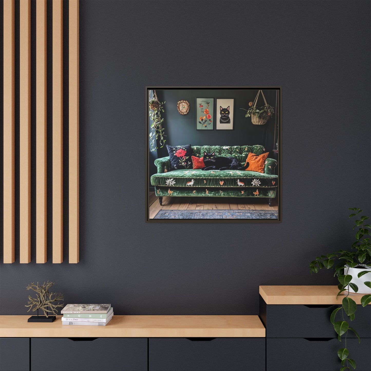 Black "House Cat" Living Room Art Matte Canvas Framed, Green Sofa Boho