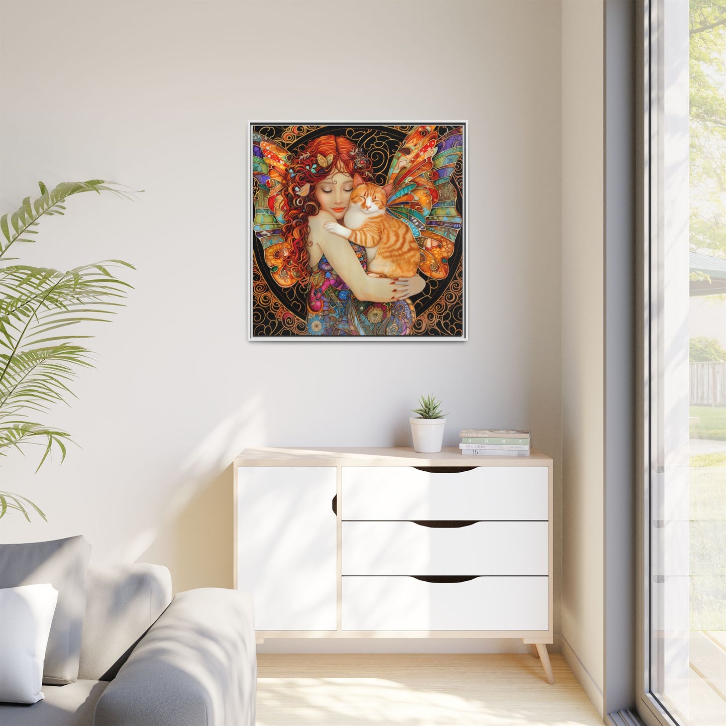 Framed "Tabby"  Fantasy Canvas Art Print - Whimsical Wall Decor, Fairy and Cat Illustration, Magical Gift for Cat Lovers