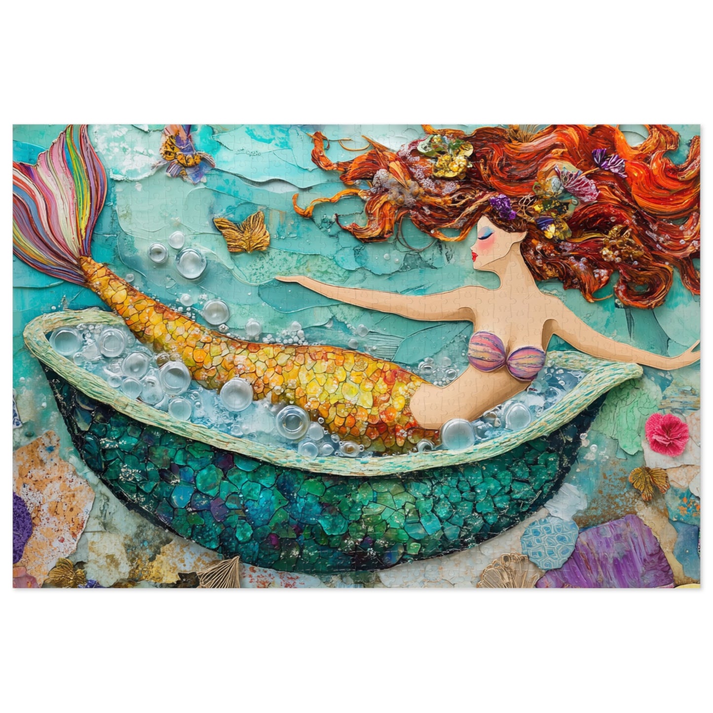 Bubbles Mermaid Bath Tub Jigsaw Puzzle with Tin | Colorful Redhead Mermaid Art Puzzle