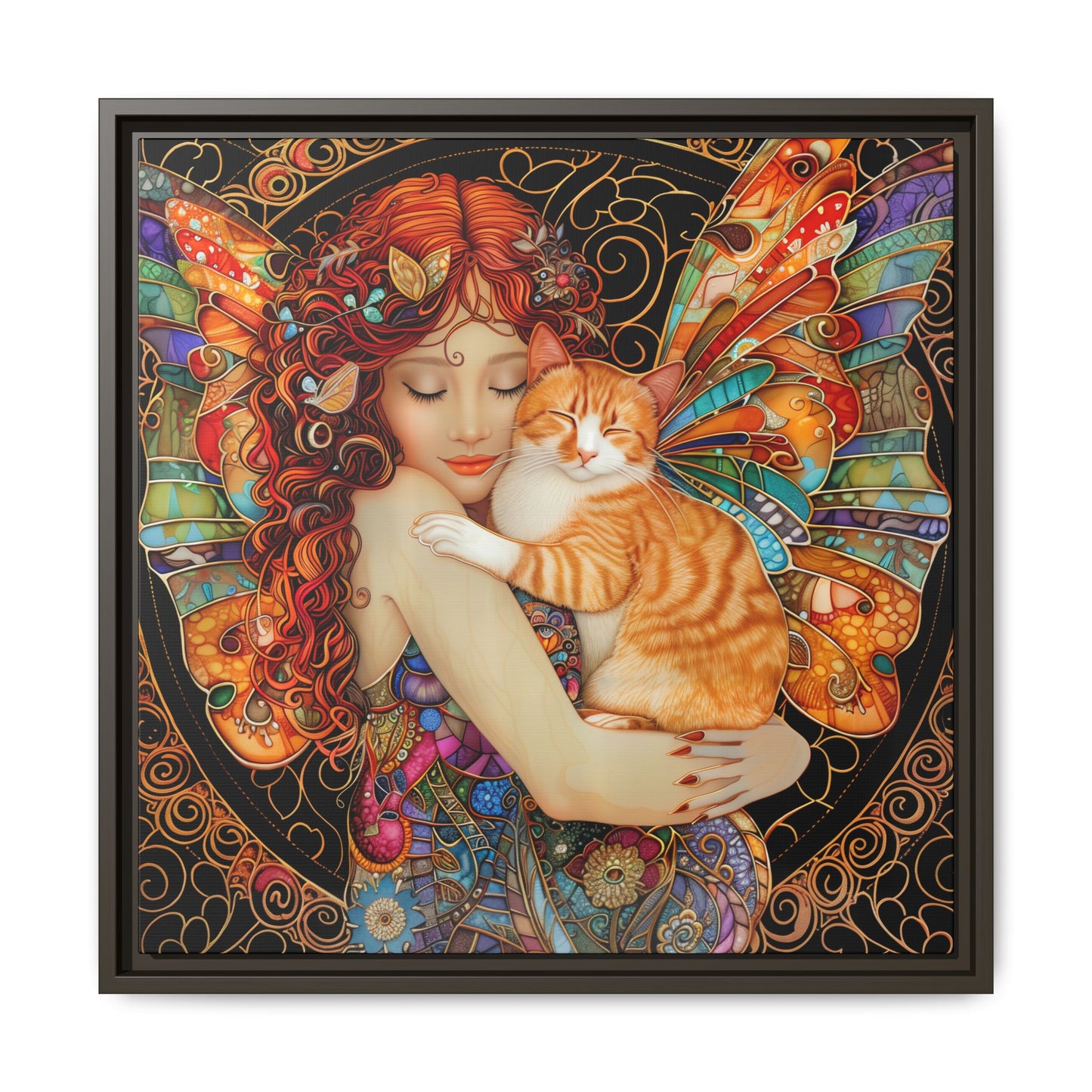 Framed "Tabby"  Fantasy Canvas Art Print - Whimsical Wall Decor, Fairy and Cat Illustration, Magical Gift for Cat Lovers