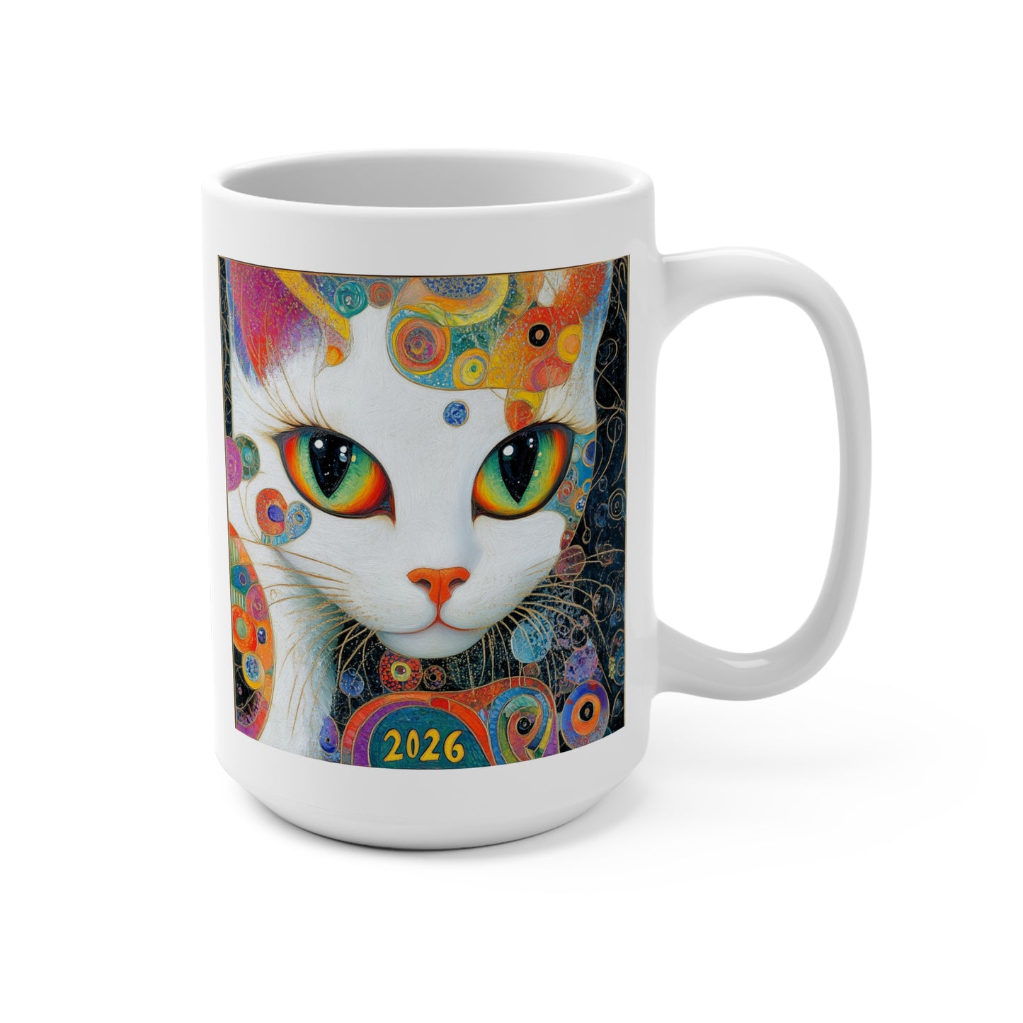Happy New Year 2026 Colorful Whimsical Cat 15oz Mug | Rainbow Cat Art, 2026