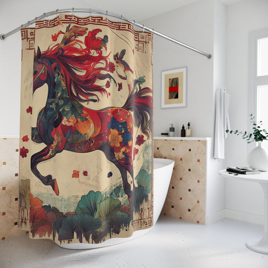 Year of The Firel Horse Shower Curtain — Vibrant Red Mane Equestrian Art
